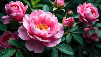 Obraz premium Intricate blooming roses & peonies, lush leaves , background, texture