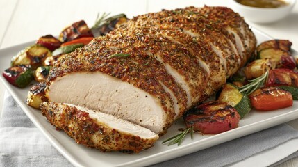 Roasted Chicken Breast with Grilled Vegetables and Herbs Served on a White Plate for Culinary