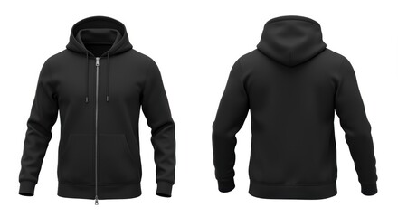 This image features a stylish black zip-up hoodie displayed from both the front and back. The design includes a spacious hood, kangaroo pockets, and ribbed cuffs. Perfect for casual wear or layering.