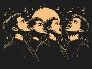 Four men sing a cappella under the moon and stars with music notes floating around in black and gold style illustration