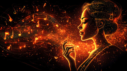 Glowing profile of a woman with music notes and waves in orange light against a dark background