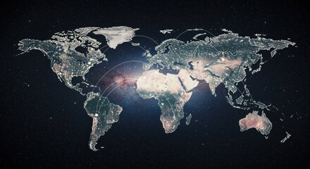 This digital world map features continents lit by city lights on a dark starry background, with connecting lines symbolizing global networks and collaboration.