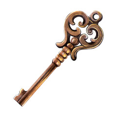 Antique key in a romantic vintage style, delicately painted watercolor illustration for nostalgic and elegant designs, love postcards, Valentines day cards, retro decoration