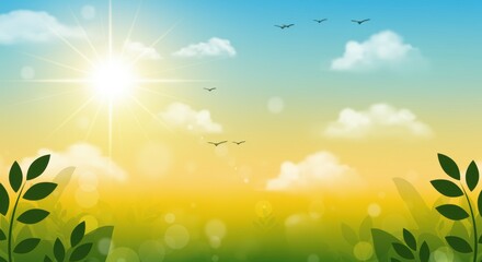 Obraz premium A vibrant landscape with a bright sun, soft clouds, and a gradient sky. Lush green leaves frame the scene, perfect for nature and environmental themes.