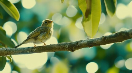 Fototapeta premium A small bird perched on a tree branch surrounded by lush greenery and soft bokeh background