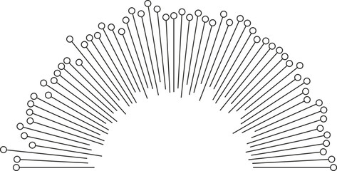Irregular long rays with outline circles at the ends radiating from inside and outside of half a circle.