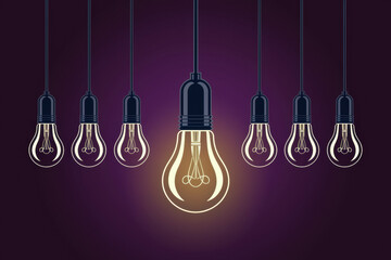 Unique Glowing Light Bulb Surrounded by Dimmed Bulbs in a Purple Background for Creative Inspiration