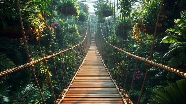Fototapeta Suspended rope bridge walkway indoors with floating wooden planks lush hanging gardens and a high ceiling modern jungle aesthetic