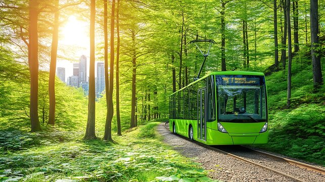 Green bus traveling on tracks in a serene forest setting