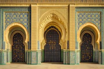 Oriental golden gate with Moroccan arch design. AI generated illustration.