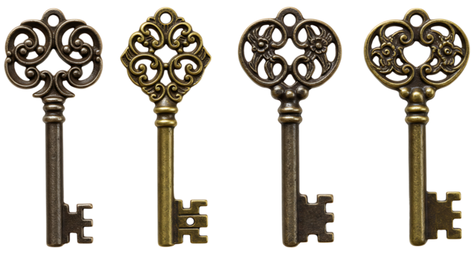 Four Antique Keys with Intricate Designs Isolated on White Background