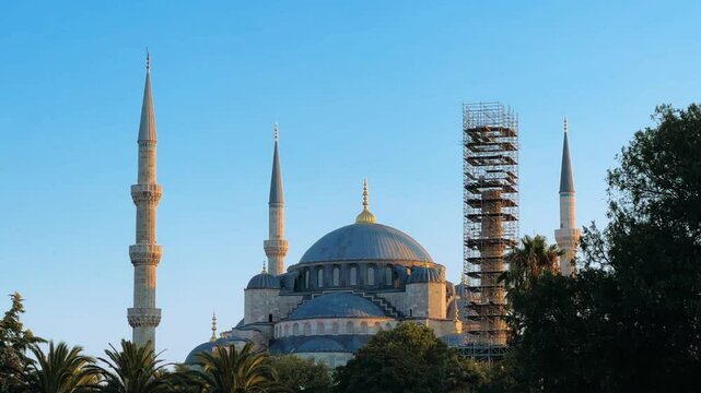 ISTANBUL, TURKEY - AUGUST 8, 2024: Blue Mosque (Kamiya Sultan). The Sultan Ahmet Mosque was built in 1616 by the Ottomans.Close to the Bosphorus and the Sea of Marmara. 4K