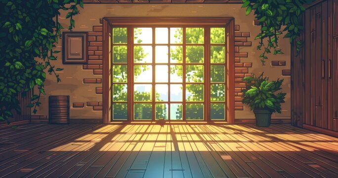 8 bit pixel video game scene of an unfurnished empty room inside of forest cottage, wood floors, small window with sun shining through, beautiful artistic