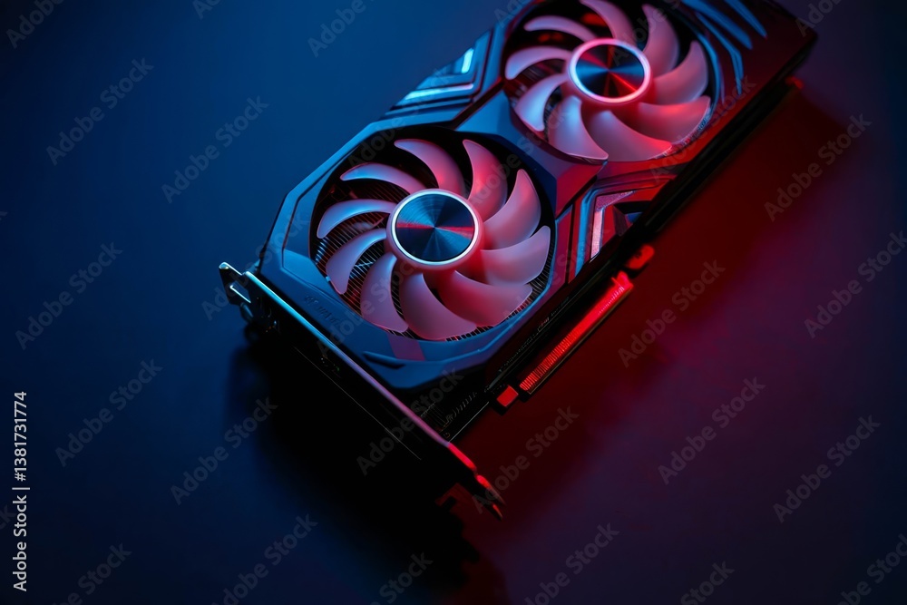 Fototapete Computer graphics card on color background, above view. Space for text.