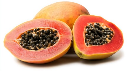 A group of papayas with one sliced open for display