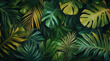 Vibrant jungle foliage with various shades of green, tropical leaves with great detail. generative ai