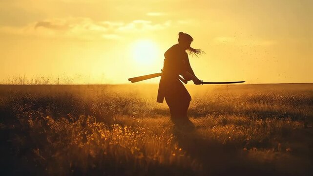 Epic battle in a vast field during sunset with a lone warrior wielding a sword, inspired by classic manga and anime themes