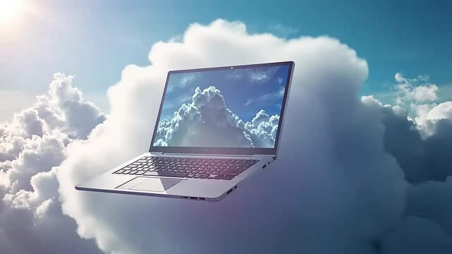 A laptop floating among fluffy clouds under a bright sky, symbolizing digital freedom and innovation