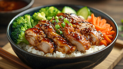 A traditional Japanese donburi bowl with teriyaki chicken rice and steamed vegetables.