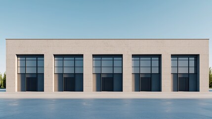 Modern industrial building facade urban location architectural photography clear skies front view minimalist design