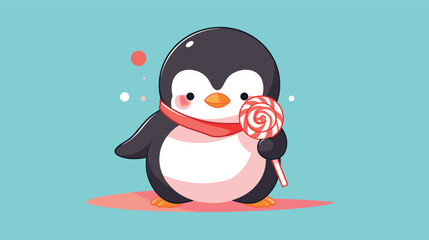 Fototapeta premium Cute cartoon penguin holding a lollipop in winter scarf on blue background