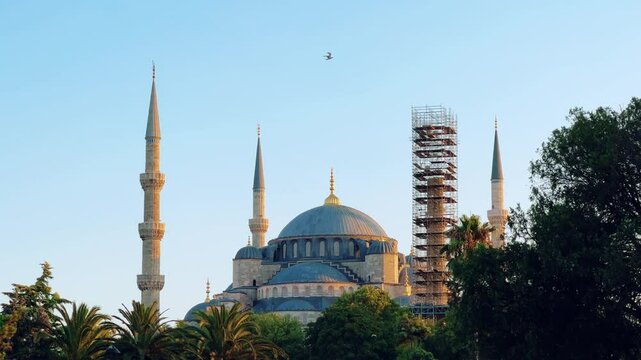 ISTANBUL, TURKEY - AUGUST 8, 2024: Blue Mosque (Kamiya Sultan). The Sultan Ahmet Mosque was built in 1616 by the Ottomans.Close to the Bosphorus and the Sea of Marmara. 4K