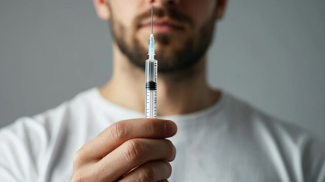 Close-up of a man holding a syringe, focus on diabetes medication and medical care, concept of diabetes management