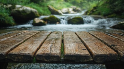 Fototapeta premium Vintage wooden table with a flowing river behind, rocks and moss-covered stones visible in the water generative ai