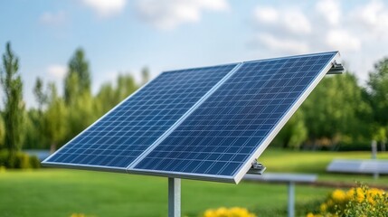 Solar Panel Installation in a Green Outdoor Landscape with Blooming Flowers and Clear Blue Sky