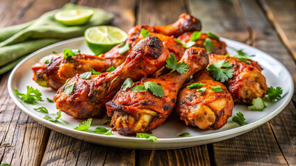 Fototapeta premium Juicy tandoori chicken drumsticks garnished with fresh herbs and lime on a white plate