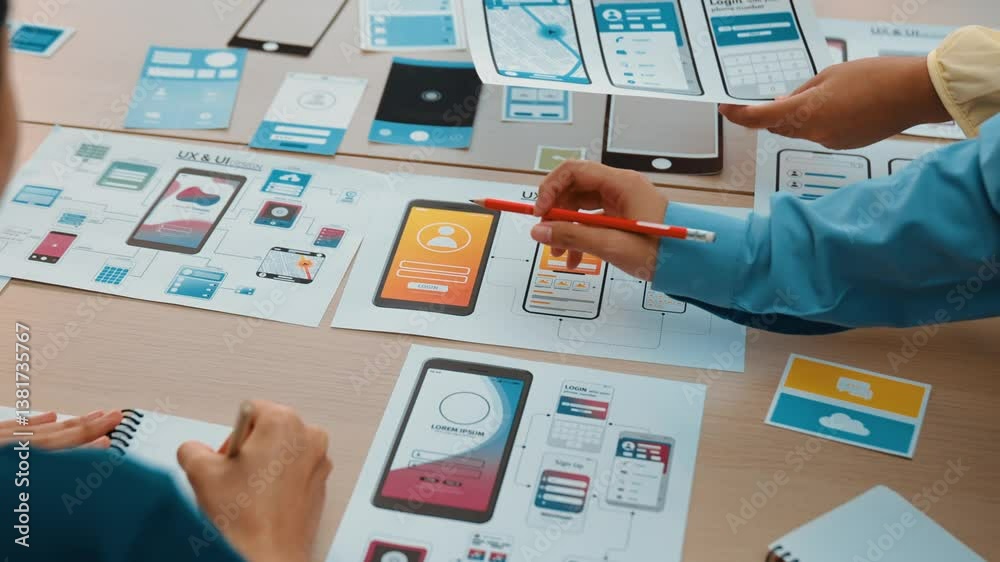 Poster panorama video of startup company employee planning on user interface prototype for mobile applicati