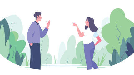 Naklejka premium Two young caucasian adults conversing in a green park setting