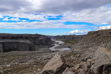 Jökulsá á Fjöllum river flowing through rocky canyon in Iceland