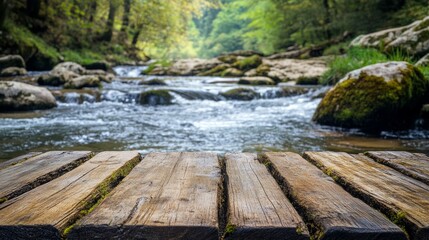 Vintage wooden table with a flowing river behind, rocks and moss-covered stones visible in the water generative ai
