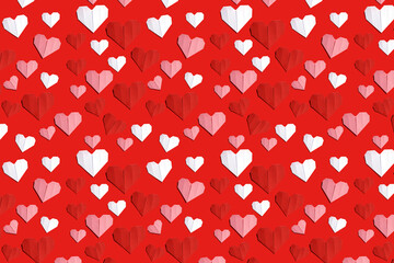 Colorful origami hearts arranged artistically on red background. Romantic handmade paper design for gift packaging, textile, stationery, branding, digital ads, wedding, valentine, greeting, marketing,