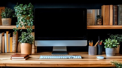 A modern desk setup featuring greenery and digital technology elements