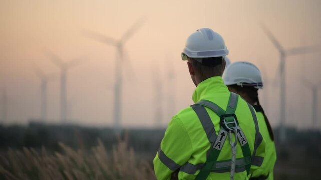 Wind Turbine Maintenance and Repair Technician, Engineer Checking Turbines working maintenance clean power generator system in wind turbine farm