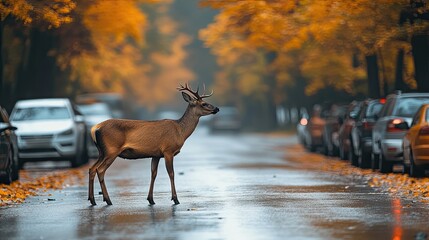 Wild animal accident in autumn on a wet road, 