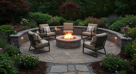 A beautifully designed outdoor seating area featuring a stone fire pit surrounded by comfortable chairs, lush greenery, and vibrant flowers. Perfect for cozy evenings with family and friends.