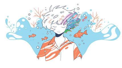 Surreal ocean-themed anime art with dreamy caucasian male teen surrounded by fish and coral