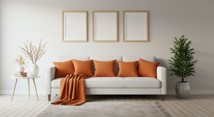 A cozy living room scene featuring a light-colored couch adorned with orange cushions. Decorative plants and books add a personal touch. Perfect for interior design inspiration.