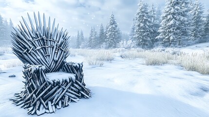 A snow covered throne sits in a wintery landscape setting