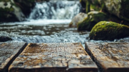 Vintage wooden table with a flowing river behind, rocks and moss-covered stones visible in the water generative ai