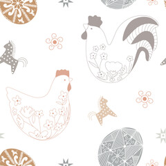 Easter colourful simple pattern with rooster, hen and Easter eggs
