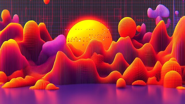 Abstract digital landscape of glowing wireframe hills and a yellow sphere