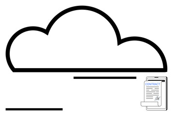 Cloud with connected contract tablet emphasizes secure storage, streamlined document sharing, and digital signing. Ideal for technology, efficiency, remote work, business, legal, collaboration