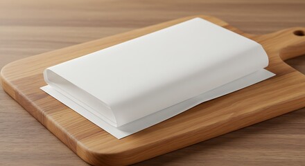 Fototapeta premium White Paper Stack on Wooden Cutting Board for Food Prep