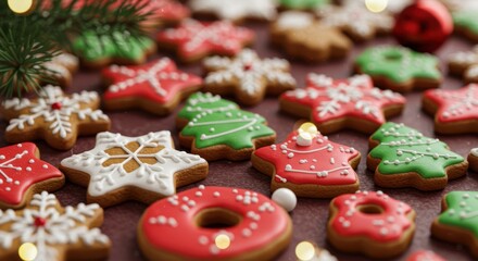 A festive display of beautifully decorated cookies featuring Christmas themes, including snowflakes, trees, and stars. Perfect for holiday celebrations, baking events, or cozy gatherings.