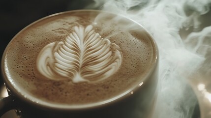 Steaming Latte with Artistic Leaf Design in a Ceramic Mug Perfect for Coffee Lovers and Culina