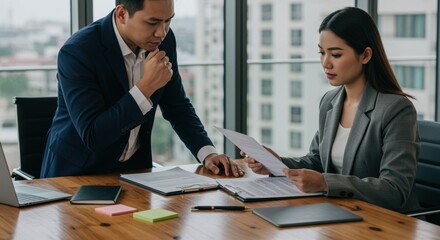 A business meeting takes place with two professionals engaged in discussion over important documents. They are seated at a well-organized desk, conveying focus and collaboration in a modern office.
